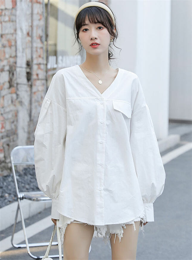 Korea 2 Colors V-Neck Puff Sleeve Loosen Blouse6 Korea 2 Colors V-neck Puff Sleeve Loosen Blouse 1
