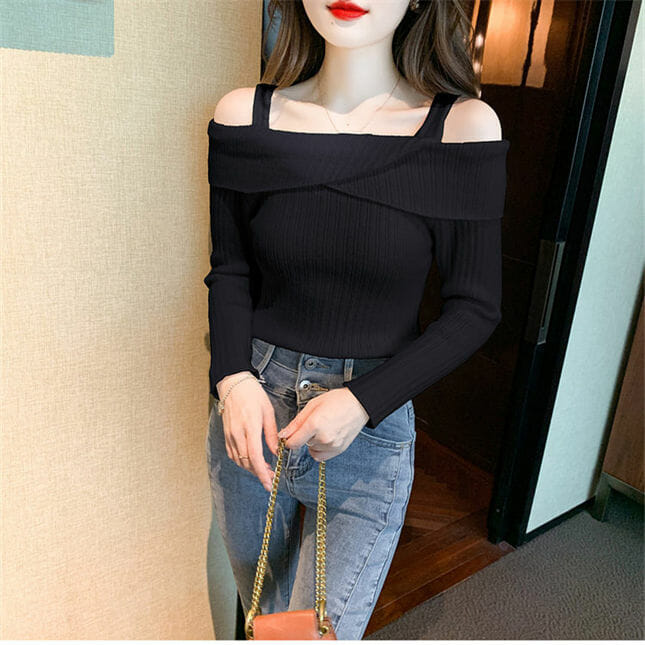 Korea Autumn 3 Colors Boat Neck Straps Knitting T-Shirt Korea Autumn 3 Colors Boat Neck Straps Knitting T-shirt 6