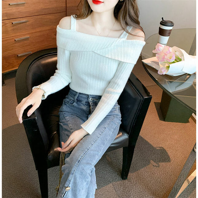 Korea Autumn 3 Colors Boat Neck Straps Knitting T-Shirt3 Korea Autumn 3 Colors Boat Neck Straps Knitting T-shirt 4