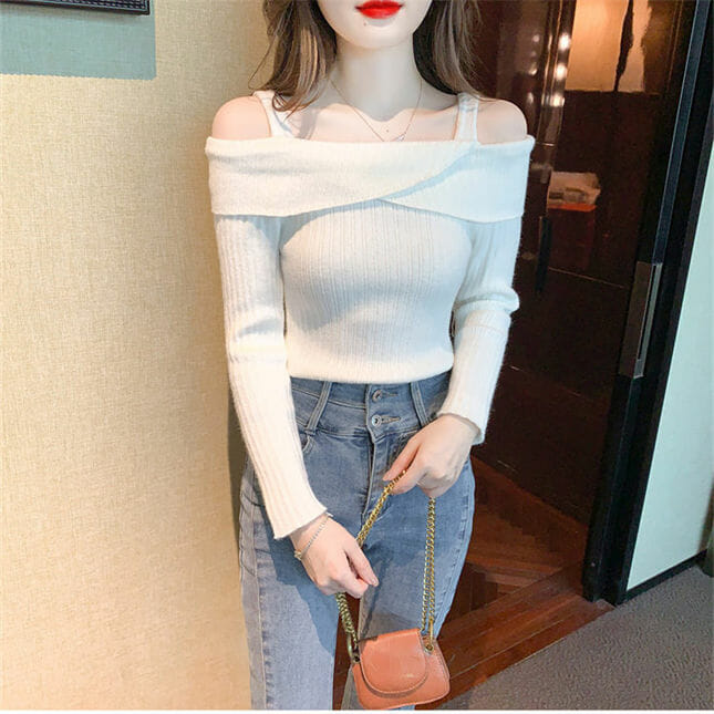 Korea Autumn 3 Colors Boat Neck Straps Knitting T-Shirt4 Korea Autumn 3 Colors Boat Neck Straps Knitting T-shirt 3