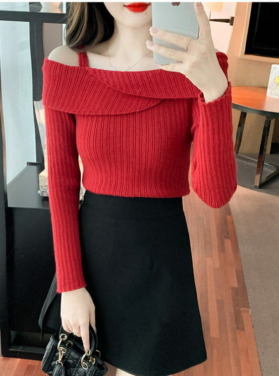 Korea Autumn 3 Colors Boat Neck Straps Knitting T-Shirt6 Korea Autumn 3 Colors Boat Neck Straps Knitting T-shirt 1