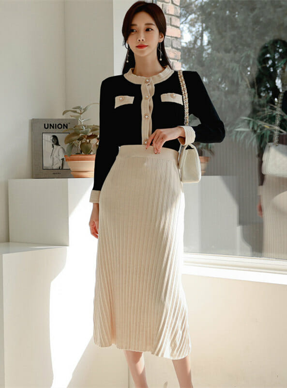 Korea Autumn Buttons Open Pleated Knitting Two Pieces Dress5 Korea Autumn Buttons Open Pleated Knitting Two Pieces Dress 1