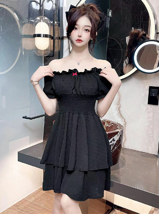 Korea Boat Neck Elastic Waist Flouncing Dress4 Korea Boat Neck Elastic Waist Flouncing Dress 2