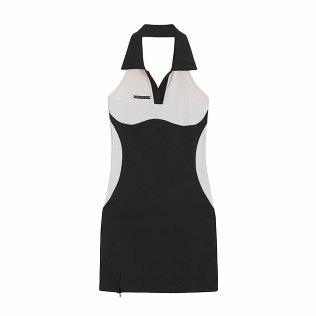 Korea Color Block Shirt Collar Slim Halter Dress1 Korea Color Block Shirt Collar Slim Halter Dress 5