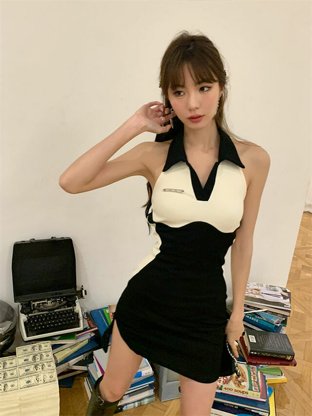 Korea Color Block Shirt Collar Slim Halter Dress4 Korea Color Block Shirt Collar Slim Halter Dress 2