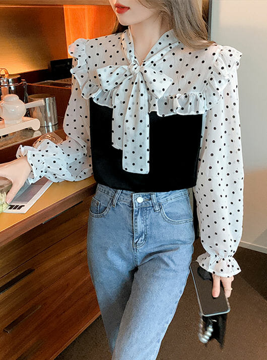 Korea Dots Tie Bowknot Collar Velvet Blouse Korea Dots Tie Bowknot Collar Velvet Blouse 5