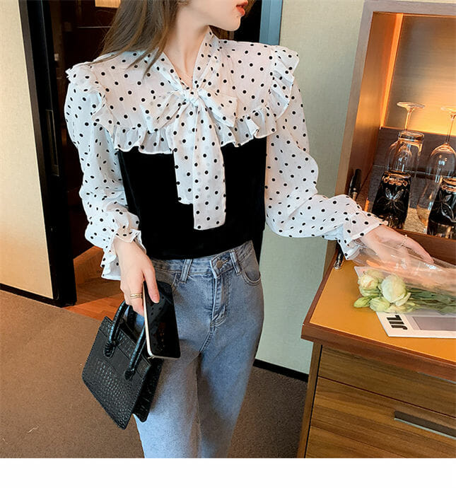 Korea Dots Tie Bowknot Collar Velvet Blouse2 Korea Dots Tie Bowknot Collar Velvet Blouse 4