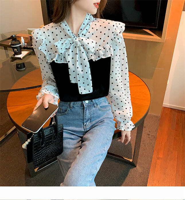 Korea Dots Tie Bowknot Collar Velvet Blouse3 Korea Dots Tie Bowknot Collar Velvet Blouse 3