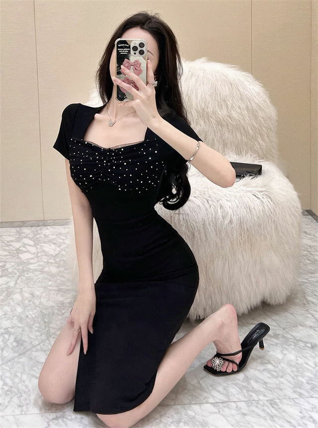 Korea Fashion Sequins Square Collar Slim Women Dress Korea Fashion Sequins Square Collar Slim Women Dress 5