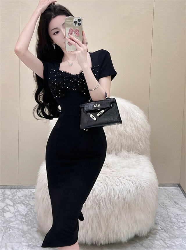 Korea Fashion Sequins Square Collar Slim Women Dress3 Korea Fashion Sequins Square Collar Slim Women Dress 2