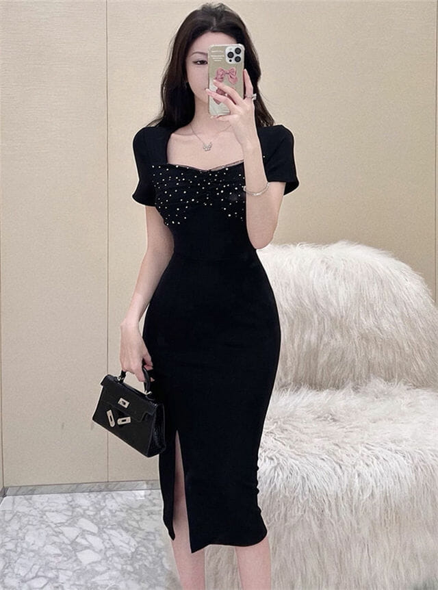 Korea Fashion Sequins Square Collar Slim Women Dress4 Korea Fashion Sequins Square Collar Slim Women Dress 1