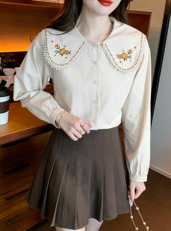 Korea Flowers Embroidery Doll Collar Blouse5 Korea Flowers Embroidery Doll Collar Blouse 1