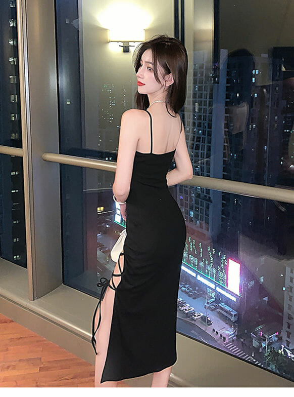 Korea High Split Straps Cotton Dress Korea High Split Straps Cotton Dress 5