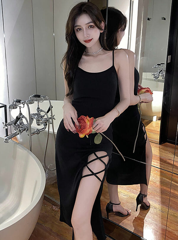 Korea High Split Straps Cotton Dress2 Korea High Split Straps Cotton Dress 4