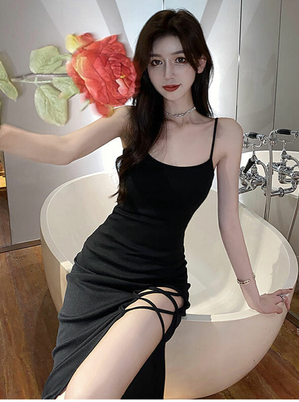 Korea High Split Straps Cotton Dress3 Korea High Split Straps Cotton Dress 3