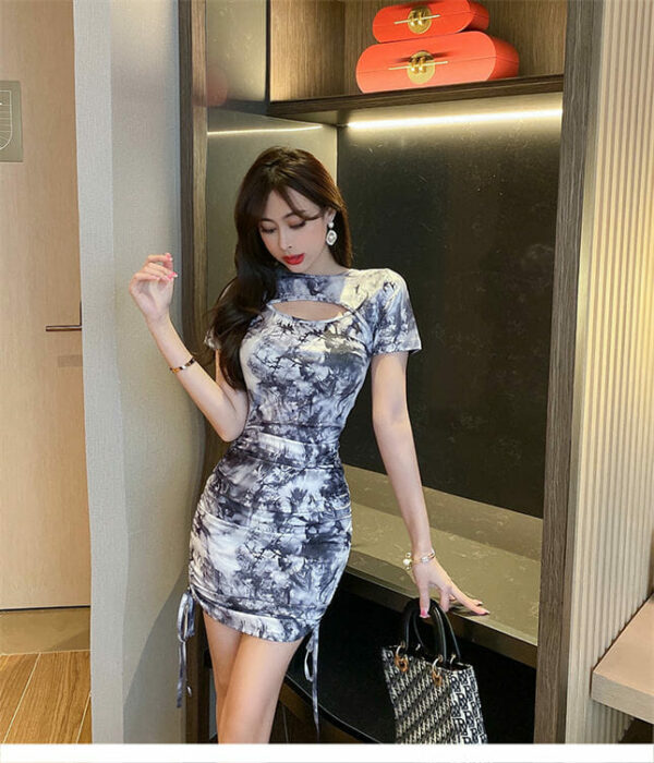 Korea Ink Flowers Draw-string Skinny Dress 3