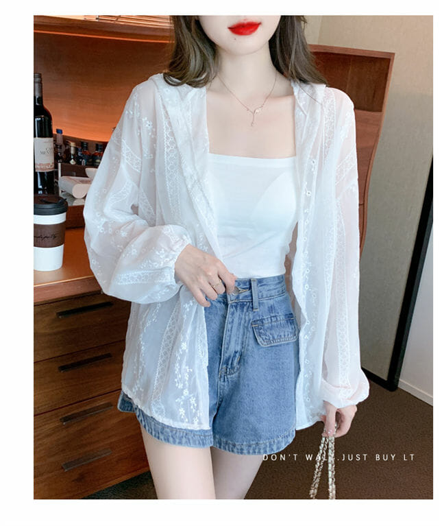 Korea Lace Flowers Sun Block Hooded Blouse4 Korea Lace Flowers Sun Block Hooded Blouse 2