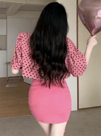 Korea New Dots Jacket With Draw-string Pleated Tank Dress • Seoulinspired
