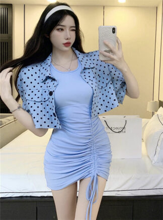Korea New Dots Jacket With Draw-string Pleated Tank Dress • Seoulinspired