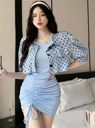Korea New Dots Jacket With Draw-string Pleated Tank Dress • Seoulinspired
