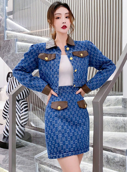 Korea New Leather Splicing Shirt Collar Denim Slim Dress Set5 Korea New Leather Splicing Shirt Collar Denim Slim Dress Set 1