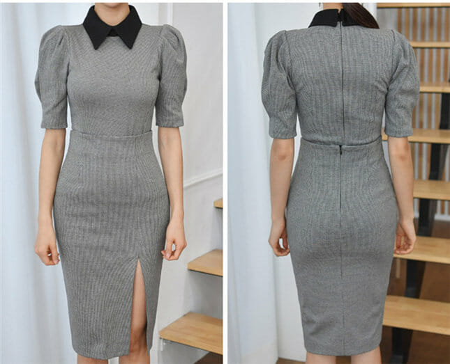 Korea Ol Bowknot Collar Houndstooth Puff Sleeve Dress Set Korea OL Bowknot Collar Houndstooth Puff Sleeve Dress Set 5