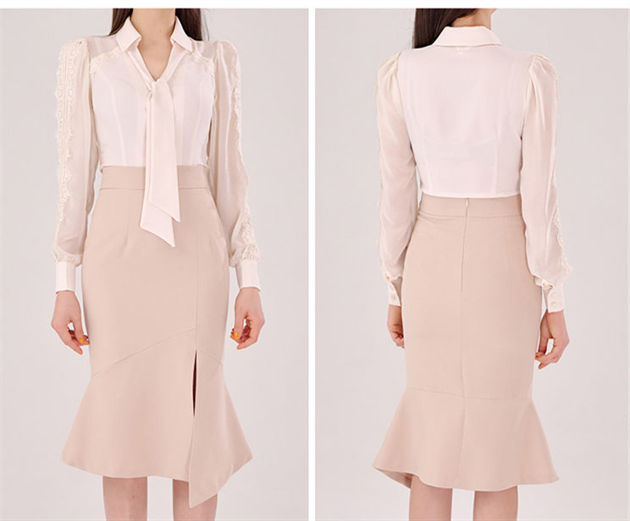 Korea Ol Fashion Lace Sleeve Blouse With Split Midi Skirt Korea OL Fashion Lace Sleeve Blouse with Split Midi Skirt 5