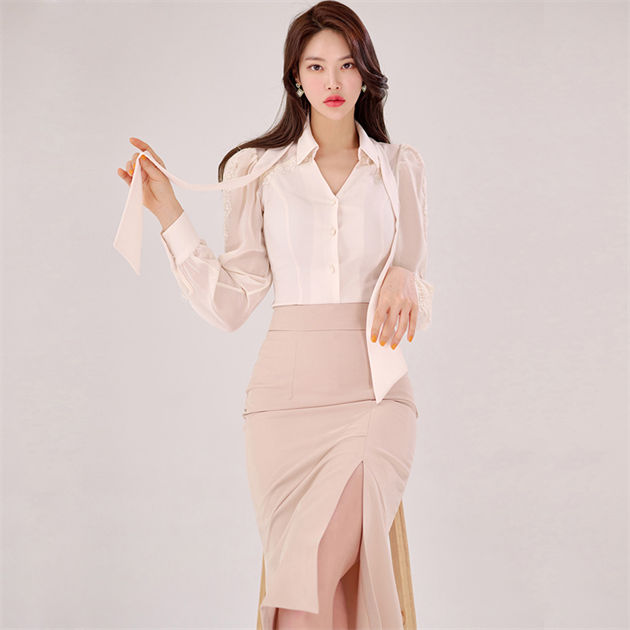 Korea Ol Fashion Lace Sleeve Blouse With Split Midi Skirt2 Korea OL Fashion Lace Sleeve Blouse with Split Midi Skirt 4