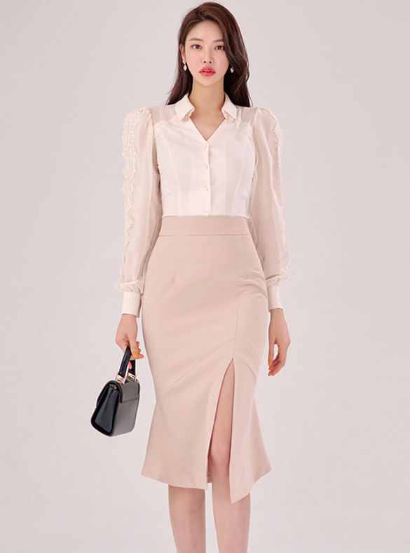 Korea Ol Fashion Lace Sleeve Blouse With Split Midi Skirt5 Korea OL Fashion Lace Sleeve Blouse with Split Midi Skirt 1