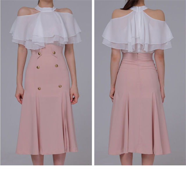 Korea Ol Flouncing Off Shoulder Blouse With Split Fishtail Skirt Korea OL Flouncing Off Shoulder Blouse with Split Fishtail Skirt 5
