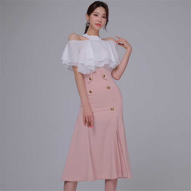Korea Ol Flouncing Off Shoulder Blouse With Split Fishtail Skirt1 Korea OL Flouncing Off Shoulder Blouse with Split Fishtail Skirt 4