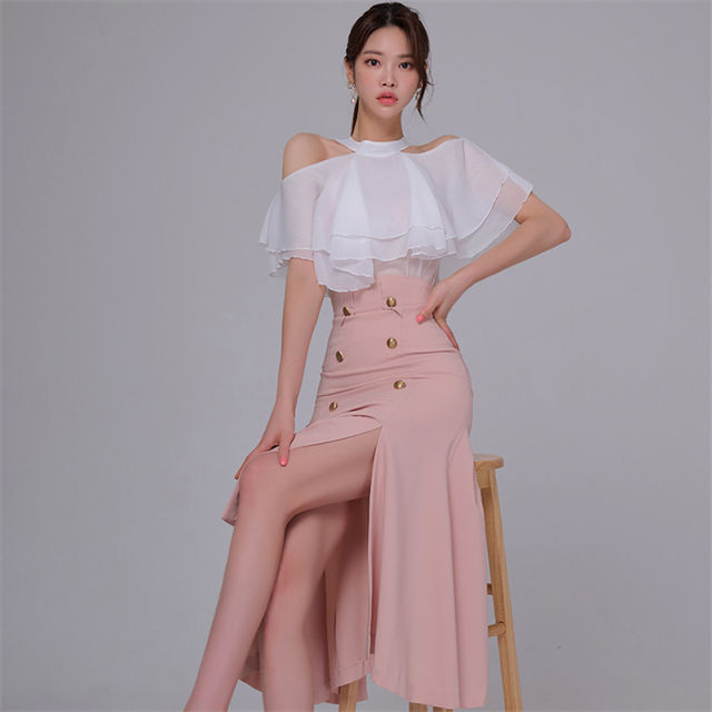 Korea Ol Flouncing Off Shoulder Blouse With Split Fishtail Skirt2 Korea OL Flouncing Off Shoulder Blouse with Split Fishtail Skirt 3