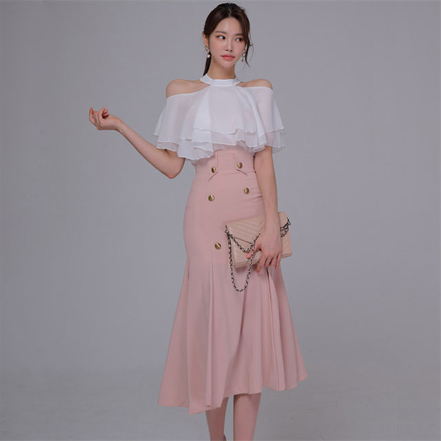 Korea Ol Flouncing Off Shoulder Blouse With Split Fishtail Skirt3 Korea OL Flouncing Off Shoulder Blouse with Split Fishtail Skirt 2