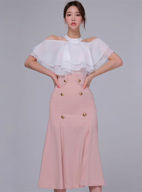Korea Ol Flouncing Off Shoulder Blouse With Split Fishtail Skirt4 Korea OL Flouncing Off Shoulder Blouse with Split Fishtail Skirt 1