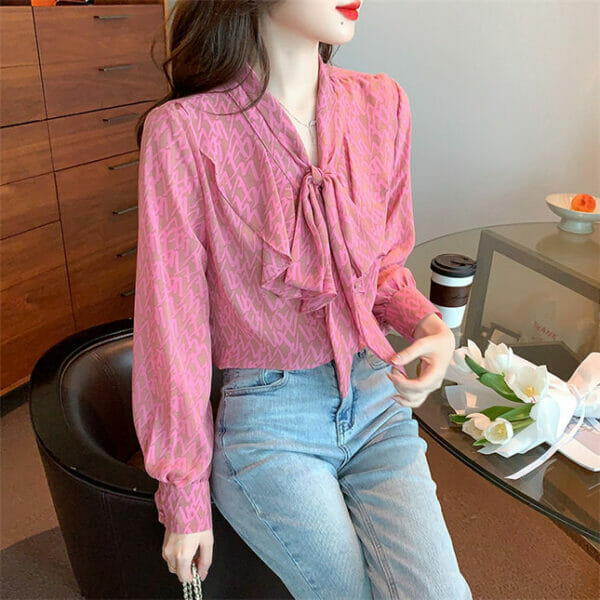 Korea OL Letters Printings Tie Collar Flouncing Chiffon Blouse 4