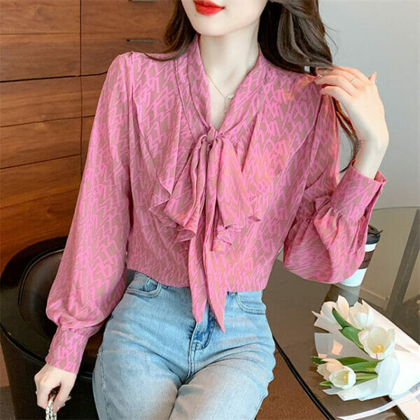 Korea OL Letters Printings Tie Collar Flouncing Chiffon Blouse 3