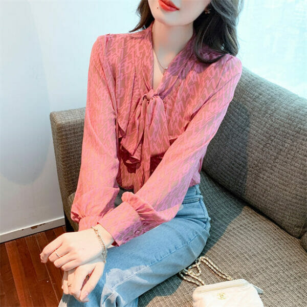 Korea OL Letters Printings Tie Collar Flouncing Chiffon Blouse 2