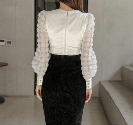 Korea OL Stereo Flowers Puff Sleeve Skinny Dress Set • Seoulinspired