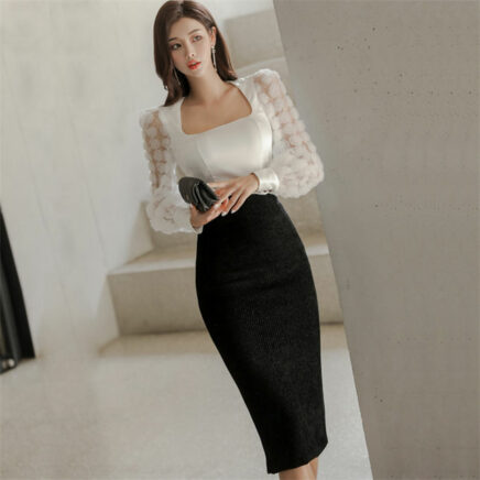 Korea OL Stereo Flowers Puff Sleeve Skinny Dress Set • Seoulinspired