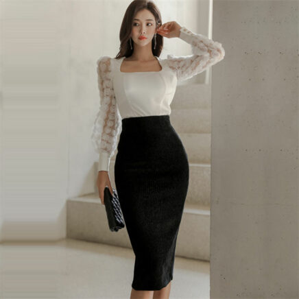 Korea OL Stereo Flowers Puff Sleeve Skinny Dress Set • Seoulinspired