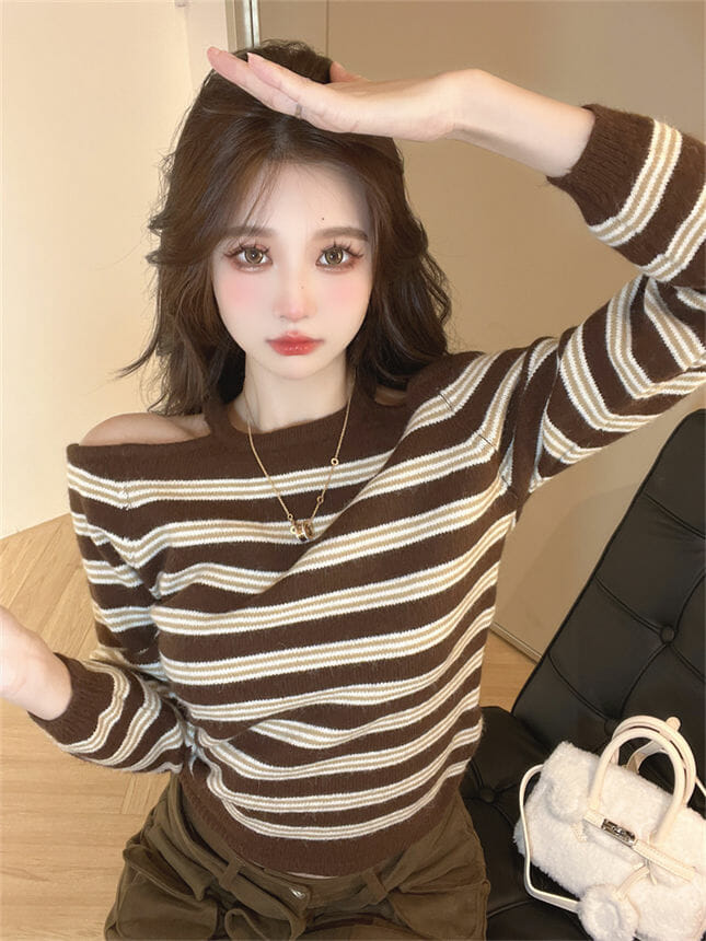 Korea Off Shoulder Stripes Knitting T-Shirts Korea Off Shoulder Stripes Knitting T-shirts 5