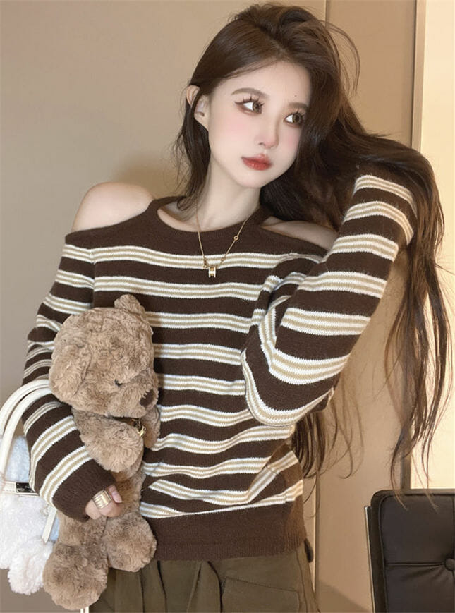 Korea Off Shoulder Stripes Knitting T-Shirts5 Korea Off Shoulder Stripes Knitting T-shirts 1