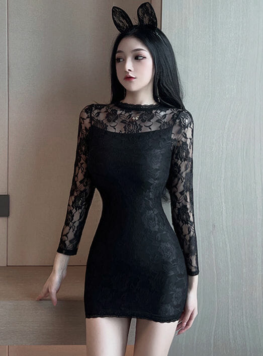 Korea Round Neck Backless Lace Bodycon Dress5 Korea Round Neck Backless Lace Bodycon Dress 1