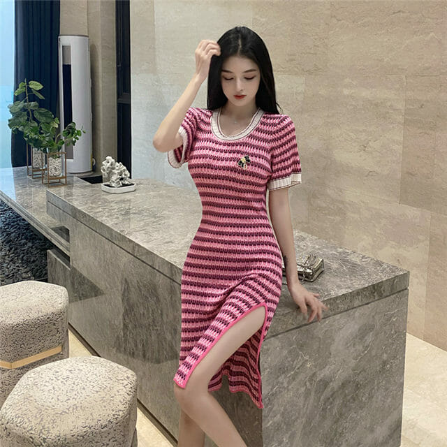 Korea Round Neck Stripes Slim Knitting Dress3 Korea Round Neck Stripes Slim Knitting Dress 3