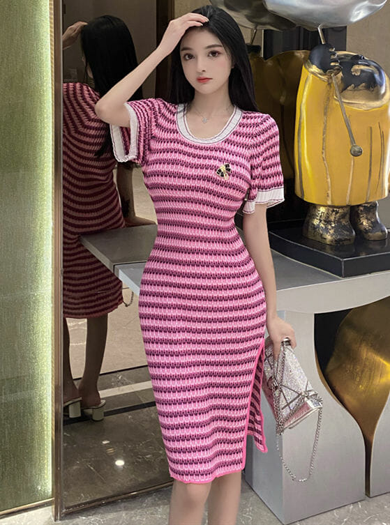 Korea Round Neck Stripes Slim Knitting Dress5 Korea Round Neck Stripes Slim Knitting Dress 1