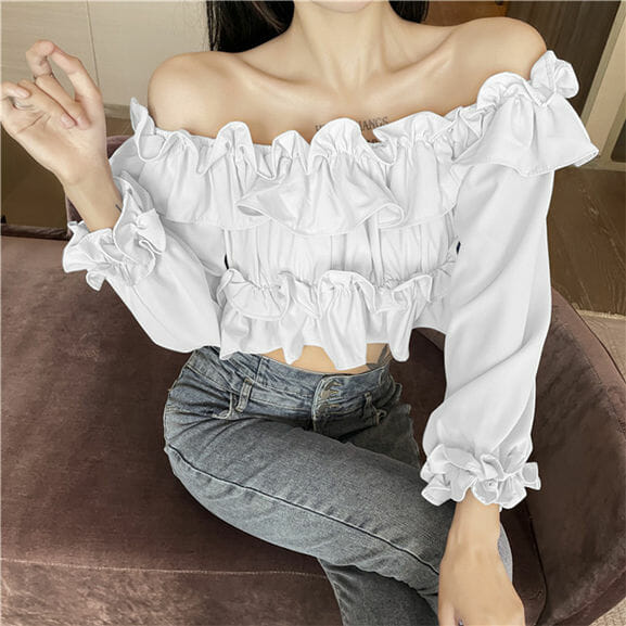 Korea Sexy 3 Colors Flouncing Boat Neck Short Blouse2 Korea Sexy 3 Colors Flouncing Boat Neck Short Blouse 5