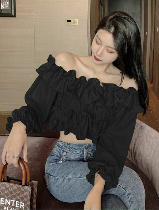 Korea Sexy 3 Colors Flouncing Boat Neck Short Blouse3 Korea Sexy 3 Colors Flouncing Boat Neck Short Blouse 4