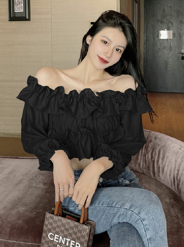 Korea Sexy 3 Colors Flouncing Boat Neck Short Blouse4 Korea Sexy 3 Colors Flouncing Boat Neck Short Blouse 3