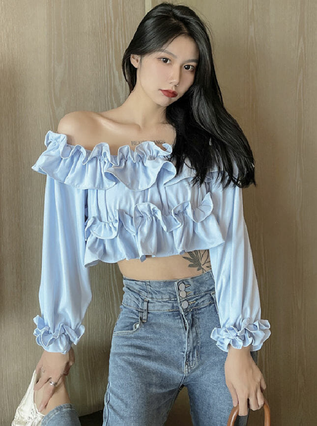 Korea Sexy 3 Colors Flouncing Boat Neck Short Blouse5 Korea Sexy 3 Colors Flouncing Boat Neck Short Blouse 2