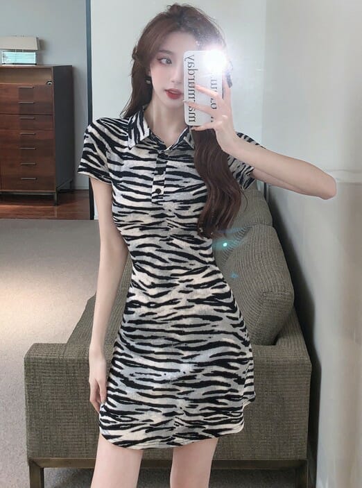 Korea Shirt Collar Zebra Stripes Slim Dress5 Korea Shirt Collar Zebra Stripes Slim Dress 1